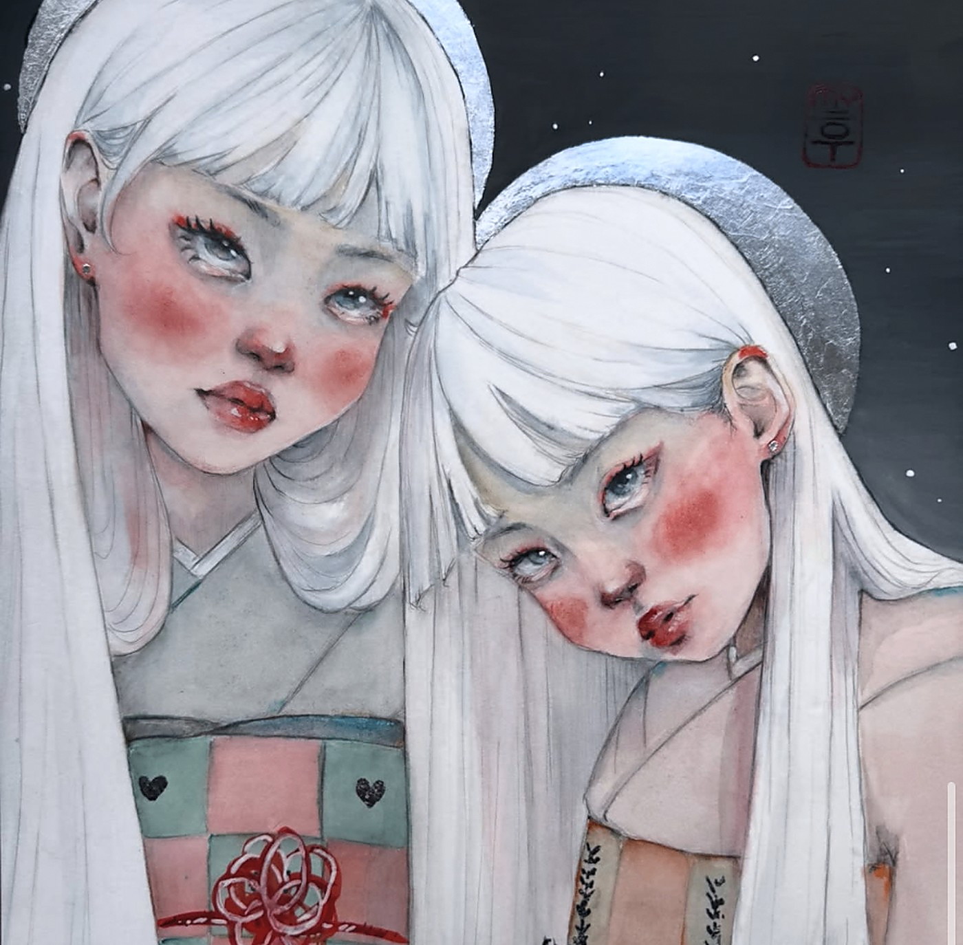 Aquarell-Doppelporträt zweier blasser Figuren mit weißem Haar vor dunklem Grund